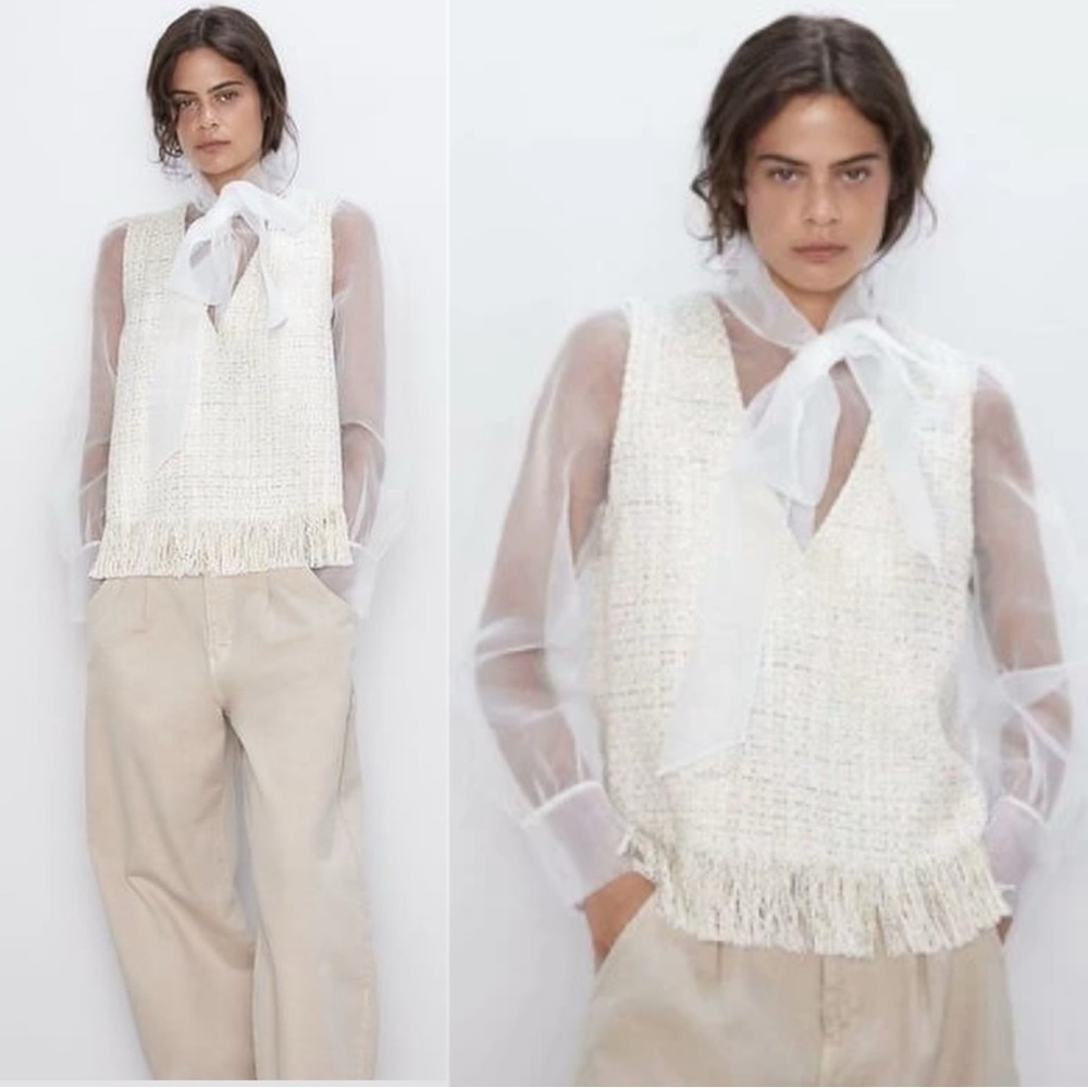 Zara Cream Tweed Fringe Vest with Sheer White Blouse